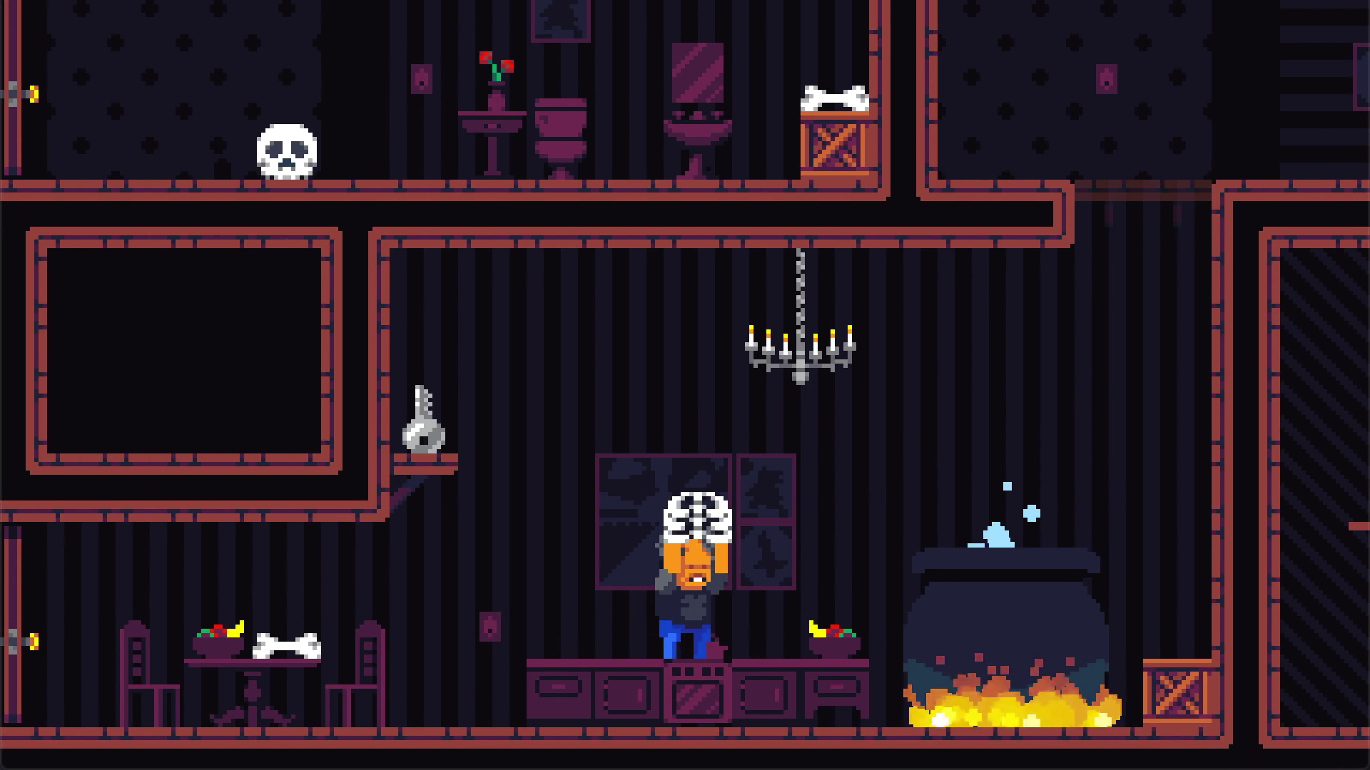 A screenshot of Midnight Manor with the main character holding a ribcage in a kitchen.