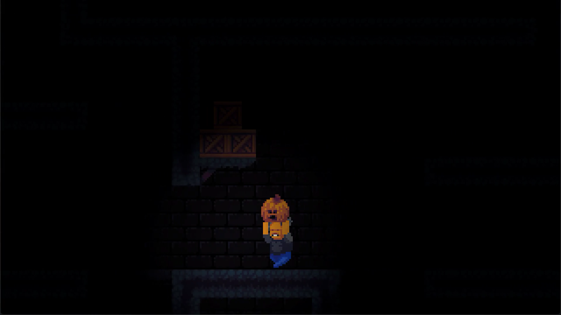 A screenshot of Midnight Manor with the main character holding a pumpkin in a dark cellar.