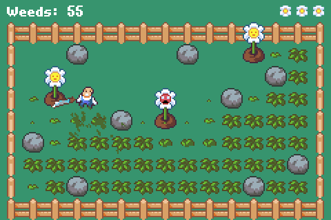 A screenshot of Overgrown showing a man with a machete in a flower garden with weeds attacking the flowers.