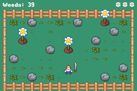 A screenshot of Overgrown showing a man with a machete in a flower garden with weeds appearing.