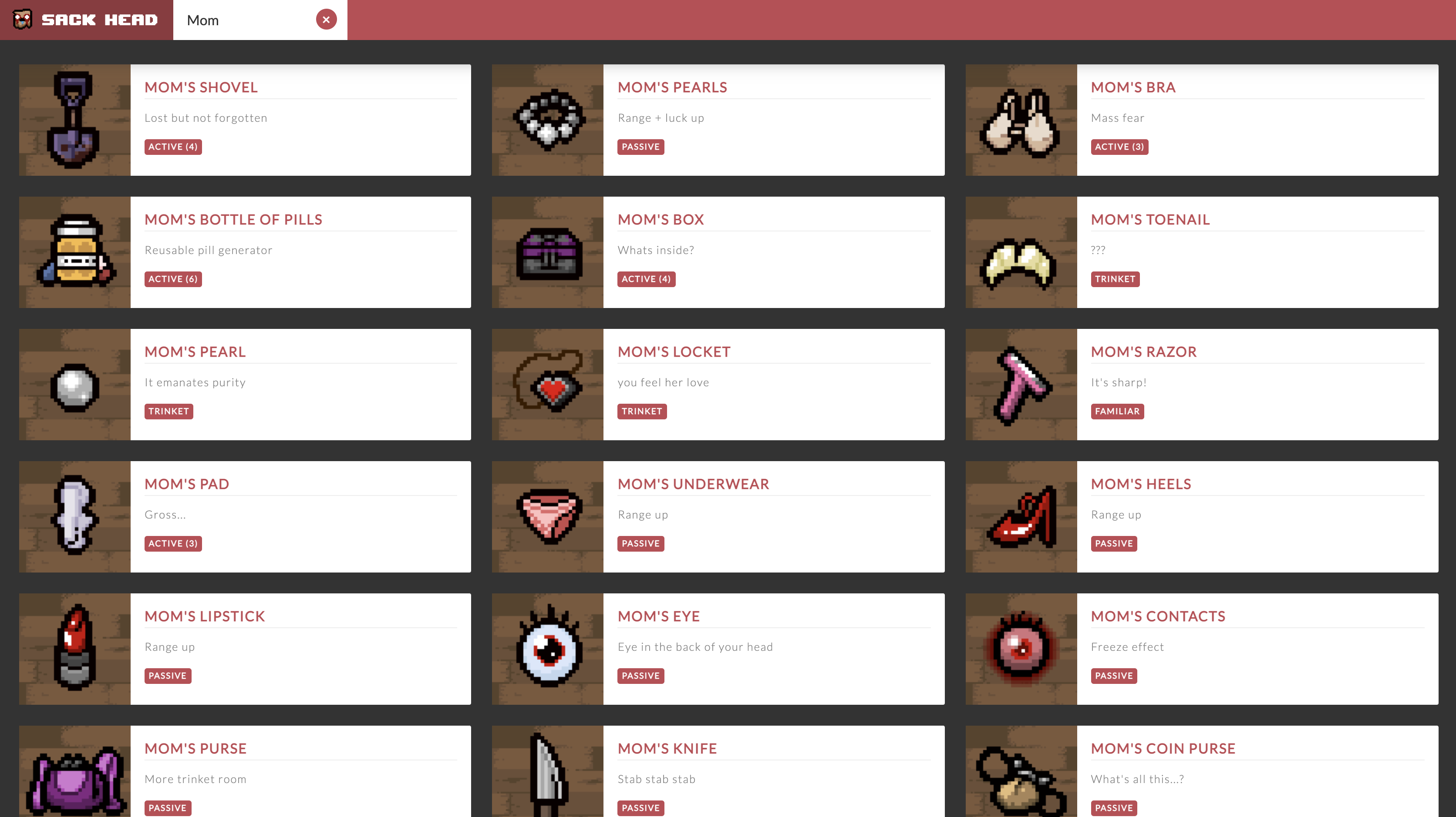 A screenshot of the Sack Head application displaying a filtered list of items.